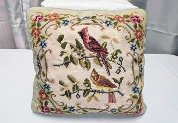 Vintage Needlepoint Tapestry Bird & Floral Design Throw Pillow