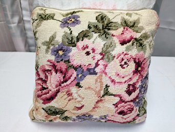 Vintage Needlepoint Tapestry Rose Design Throw Pillow
