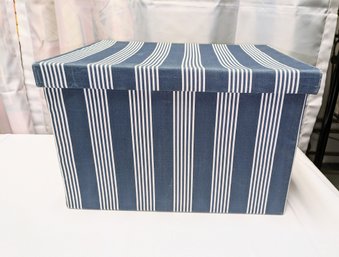 Blue & White Striped Fabric Storage Box With Leather Handles