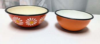 2 Vintage MCM Orange Enamelware Bowls