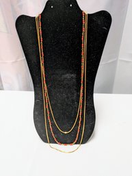 Vintage Gold Plated Chain & Carnelian Beaded Triple Strand  Necklace
