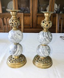 Vintage Solid Marble & Brass Candle Holders - Italy