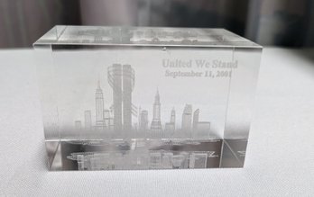 Vintage Laser Etched 3D 'United We Stand', September 11, 2001 Glass Paperweight