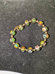 Vintage Black Cloisonne Glass Beaded Bracelet With Gold Tone Beads In Between