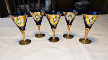 Vintage Set Of 5 Murano Blue Glass And Gold Hand Painted Glasses