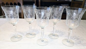 Vintage Set Of 5 Etched Crystal Wine Glasses With Etched Floral Design