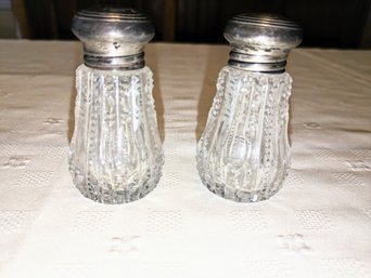 1940's Cut Crystal Salt & Pepper Shaker Set With Silver Plate Tops