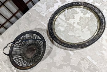 Vintage Silver Plated & Glass Service Tray And Colander/basket
