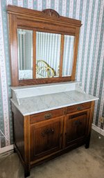 Antique Marble Top & Mirror Wash Stand 3 Pieces - Cabinet, Marble & Mirror