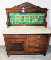 Antique Walnut Marble Top & Tiled Backsplash Washstand