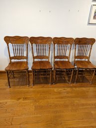 Set Of 4 Hand Carved Press Back Vintage Solid Oak Wooden Chairs