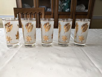 Set Of 5 - Vintage MCM Golden Foliage Highball Glasses