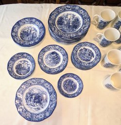 Vintage Staffordshire, Liberty Blue Historic Colonial Scene Bakeware - Incomplete Set - 41 Pieces