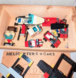 Wood Box Full Of Vintage Lego Helicopters & Cars
