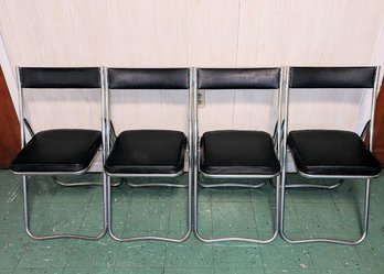 Vintage Mid Century Japanese Fujiset Chrome And Black Vinyl Folding Chairs