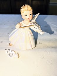 Vintage Hand Painted Porcelain Angel Playing The Violin - (Broken Wing- Needs To Reglued - Wing Included)