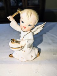 1950s Vintage Porcelain Angel With White Gown With Gold Music Note Details Playing The Drums