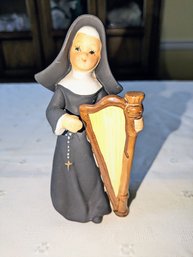 Vintage Ceramic Painted Nun Statue With Prayer Beads Playing The Harp - Japan