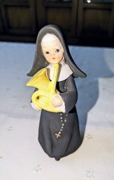 Vintage Ceramic Painted Nun Statue With Prayer Beads Playing The Tuba - Japan