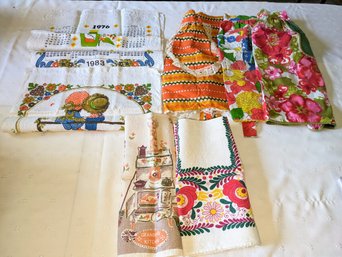 Vintage Lot Of Cloth Wall Calendars, Aprons And Dish/Hand Towels - (7 Items)