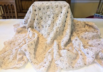 Beige Hand Crocheted Rectangular Tablecloth & Round Doilie (2 Items)