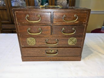 Vintage Asian Style House 6 Drawer Jewelry Box With Lock & Key