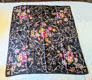 Black Floral Pattern Silk Scarf