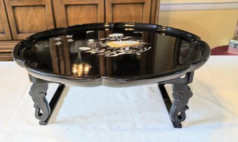 Vintage Asian Black Lacquer And Mother Of Pearl Folding Serving Table