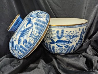 Large Chinese Blue And White Porcelain Delftware Lidded Bowl With Brass Bands