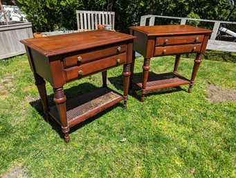 Pair Of Ethan Allen Side Tables With Double Drawers And Glass Tops