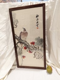 Vintage Embroidered Chinese Silk Fabric Of A Bird In A Tree #6