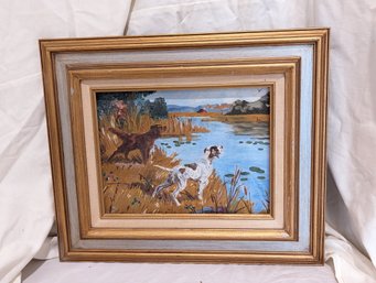 Framed Painting On Board Of Hunting Dogs By The Lake #15
