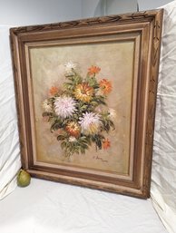 Large Signed Oil On Canvas Still Life Of Flowers #24