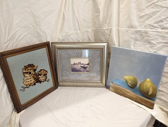Grouping Of Three Decorative Wall Hangings Includes A Painting, Photo And A Needle Point #28
