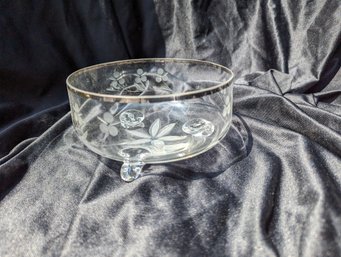 Vintage Etched Glass Crystal Bowl With A Silver Rim And Scrolled Feet