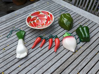 Collection Of Ceramic Food Wall Hangers And A Bowl