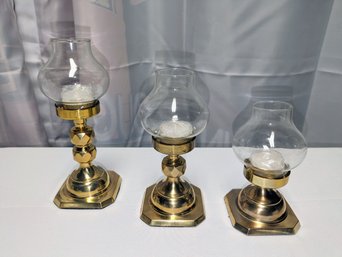 3 Various Sized Brass Hurricane Candle Holders