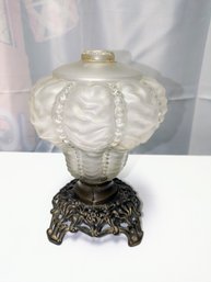 Antique 1800s Solid Brass Base, Draped Frosted Glass Oil Lamp (needs Parts)