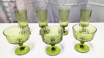 Set Of 7 Vintage MCM Green Lenox Crystal Water (4) & Parfait Glasses (3) - Marked