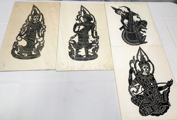 Set Of 4 Vintage Origami Thailand Shadow Art On Black Mulberry Paper - No Frames
