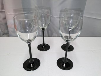 Set Of 4 Black Stemmed Wine Glasses, Marked France On Base