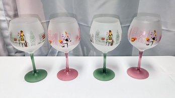 Set Of 4 Hand Painted Wine Goblets - 2 Different Colors And Designs