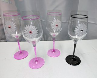 4 Bormioli Rocco Hand Painted Daisy Design With Rhinestone Accented Wine Glasses, 3 Pink & 1 Black