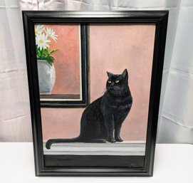 Framed Black Cat Painting On Canvas - Signed In The Lower Corner