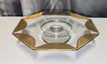 Vintage MCM Glass Footed Cake Dish With Gold Accents