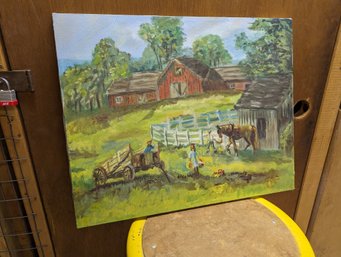 Oil On Canvas Of A Farm Seen