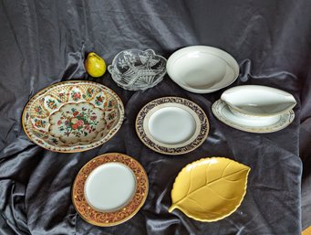 Collection Of Seven Serving Ware Dishes With Glass, Stoneware And Tin Pieces