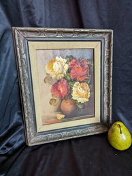 Vintage Oil On Canvas Still Life Of Flowers With A Document Of Authenticity