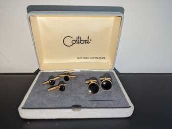 Calibri Genuine Onyx & 18K Gold Electroplate 4 Piece Button Stud & Cufflink Set