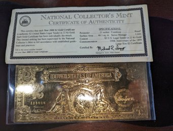 National Collectors Mint Year 2000 $2 Gold Certificate W/ COA - #AA5585  - (1 Of 3)